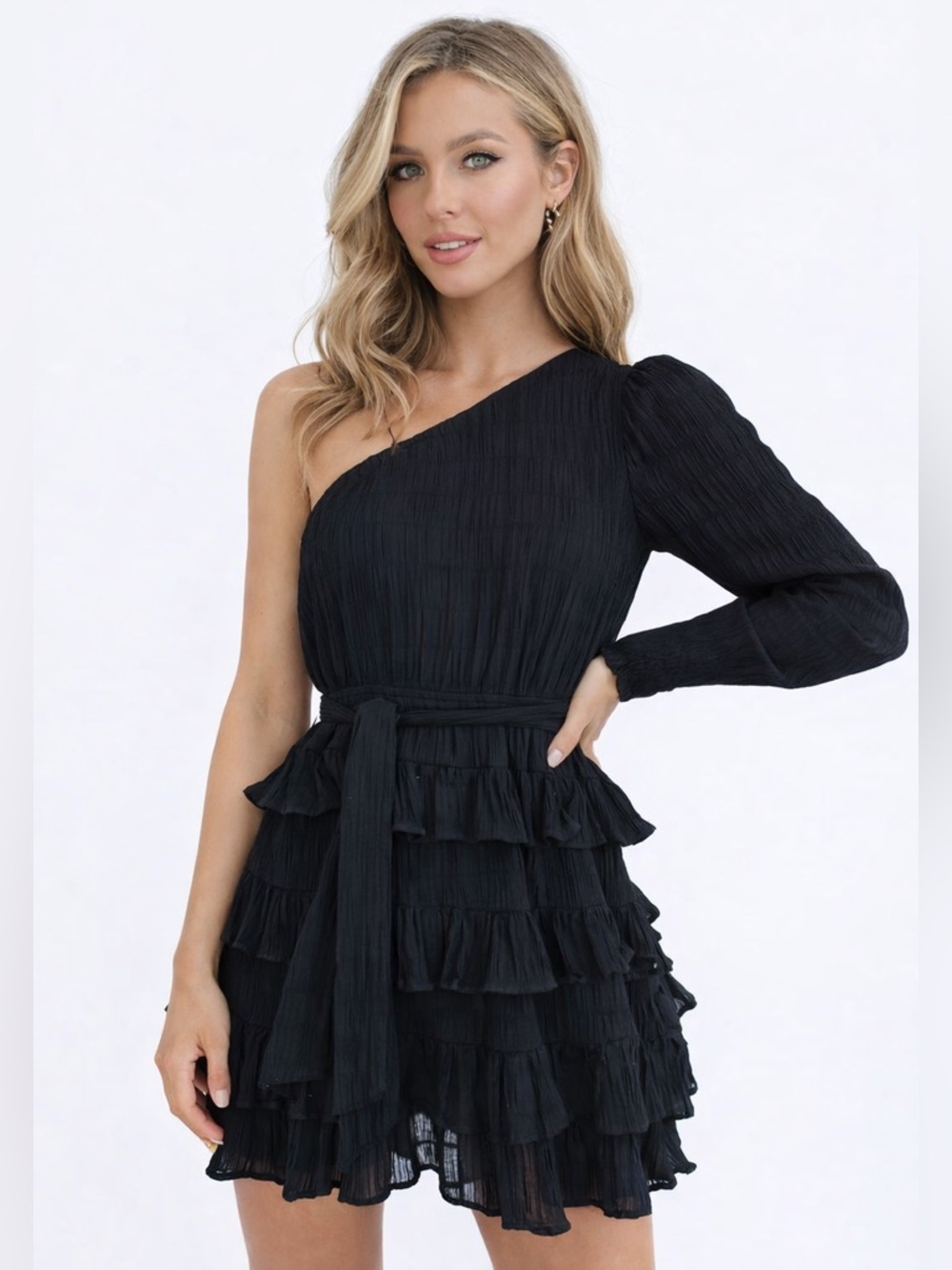 Hello Molly Dance The Night Away Black One Shoulder Ruffle Mini Dress Casual M/6